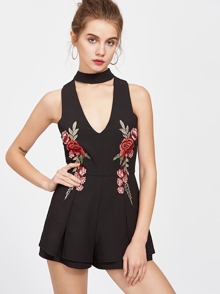 Shein Black Flower Embroidery Halter Romper