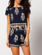 Shein Leaves Print Crop Top With Shorts Suits
