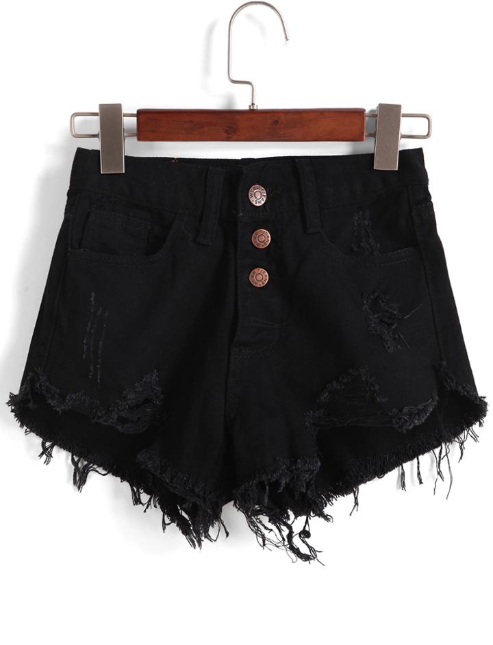 Shein Single-breasted Ripped Fringe Denim Black Shorts