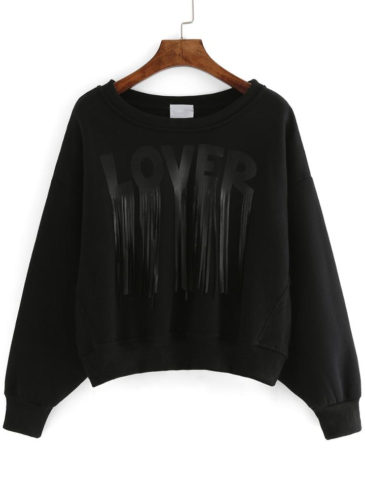 Shein Black Round Neck Letters Print Tassel Crop Sweatshirt