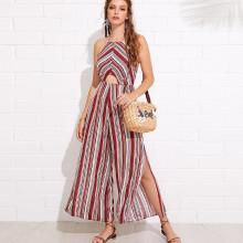 Shein Split Side Backless Striped Jumpsuit