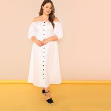 Shein Plus Lantern Sleeve Button Up Off Shoulder Dress