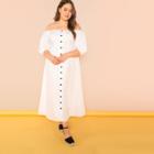 Shein Plus Lantern Sleeve Button Up Off Shoulder Dress
