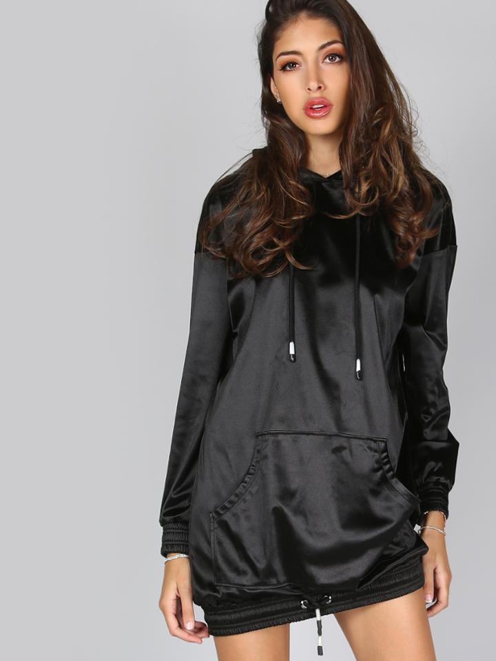 Shein Black Pocket Front Drawstring Hem Silky Hoodie Dress