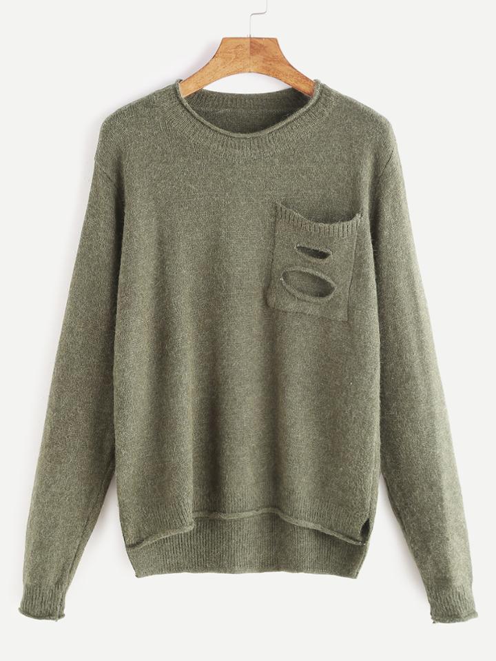 Shein Army Green Ripped Pocket Slit Side High Low Sweater