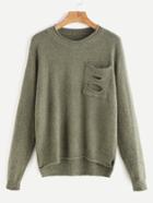 Shein Army Green Ripped Pocket Slit Side High Low Sweater