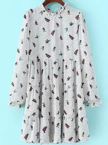 Shein White Frill Neck Hearts Cartoon Print Dress
