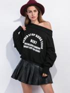 Shein Black Off The Shoulder Slogan Print Sweatshirt