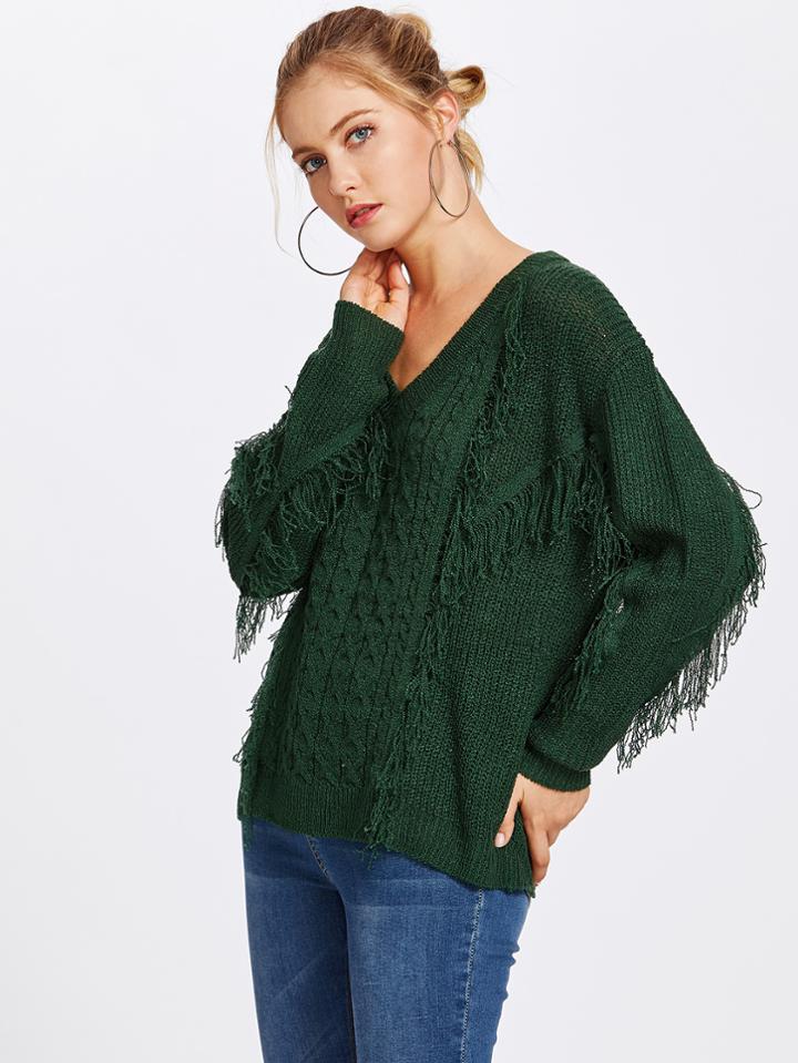 Shein V Neckline Fringe Trim Sweater