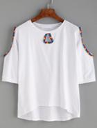 Shein White Geo Print Tape Trim Open Shoulder T-shirt