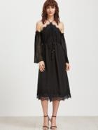 Shein Black Polka Dot Jacquard Lace Trim Cold Shoulder Dress