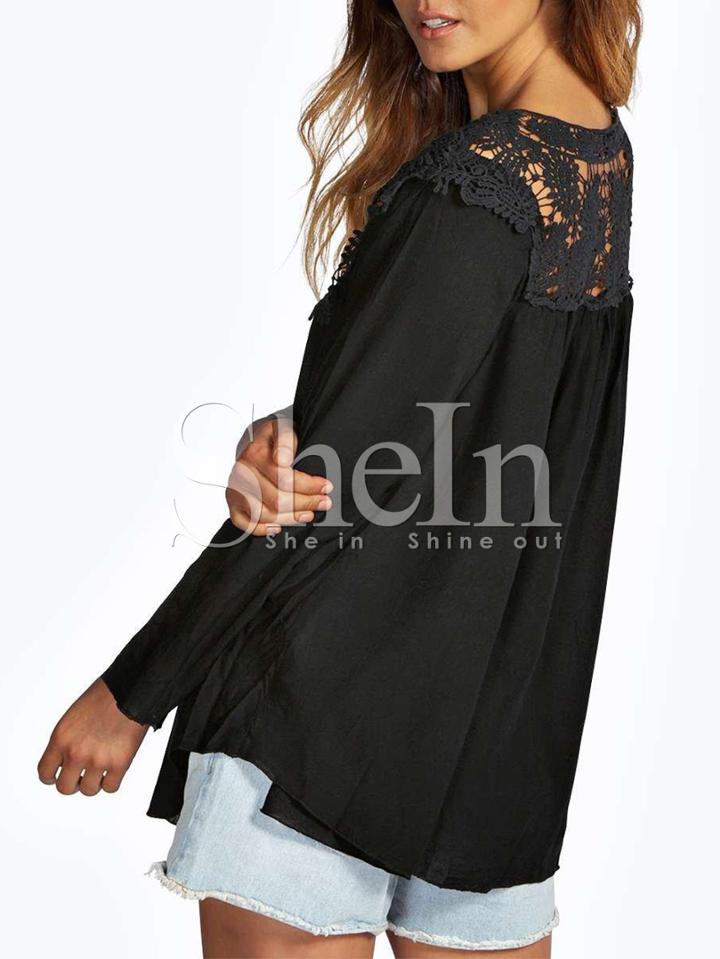 Shein Crochet Shoulder Loose Fit Blouse - Black