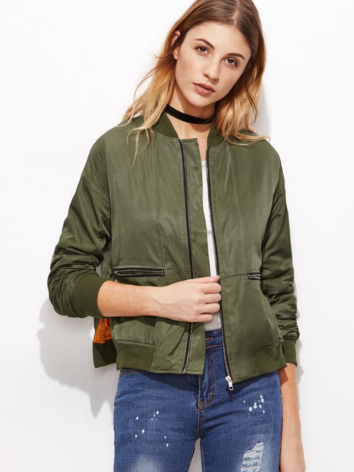 Shein Olive Green Drop Shoulder Side Slit Bomber Jacket