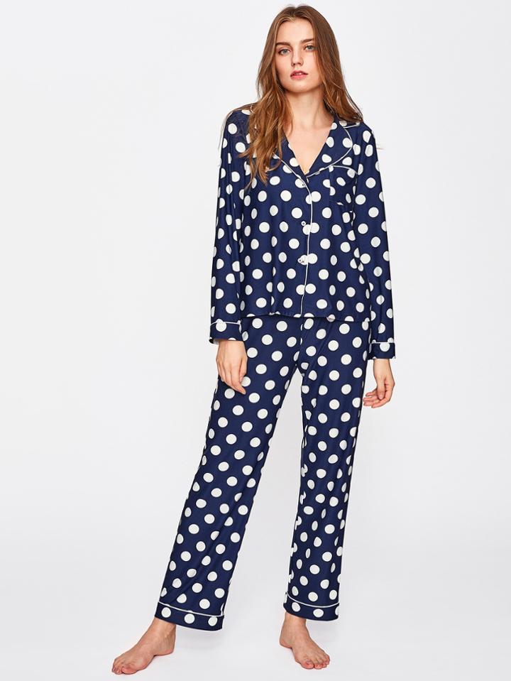Shein Revere Collar Polka Dot Blouse And Pants Pajama Set