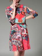 Shein Split Sleeve Elastic-waist Print Dress