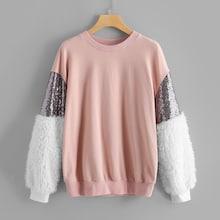 Shein Plus Contrast Faux Fur And Sequin Pullover