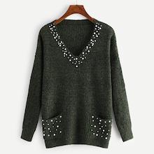 Shein Plus Beaded Decoration V-neck Sweater