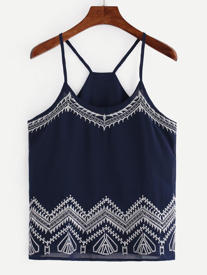 Shein Embroidered Chiffon Cami Top - Navy