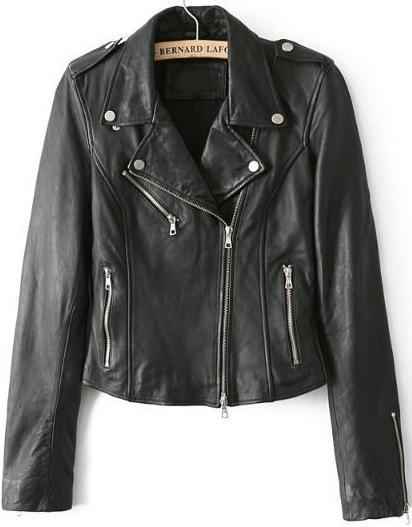 Shein Black Lapel Long Sleeve Zipper Leather Jacket