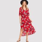 Shein Lace Up Front Bell Sleeve Tropical Dress