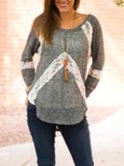 Shein Grey Round Neck Lace Dip Hem T-shirt