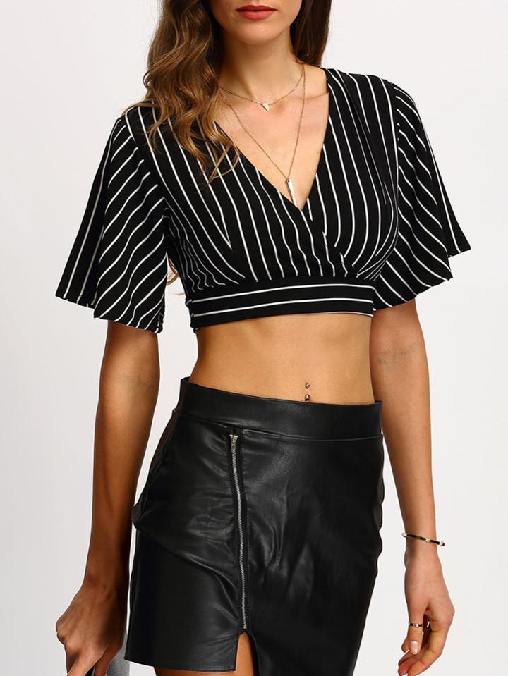 Shein Black V Neck Vertical Striped Crop Shirt