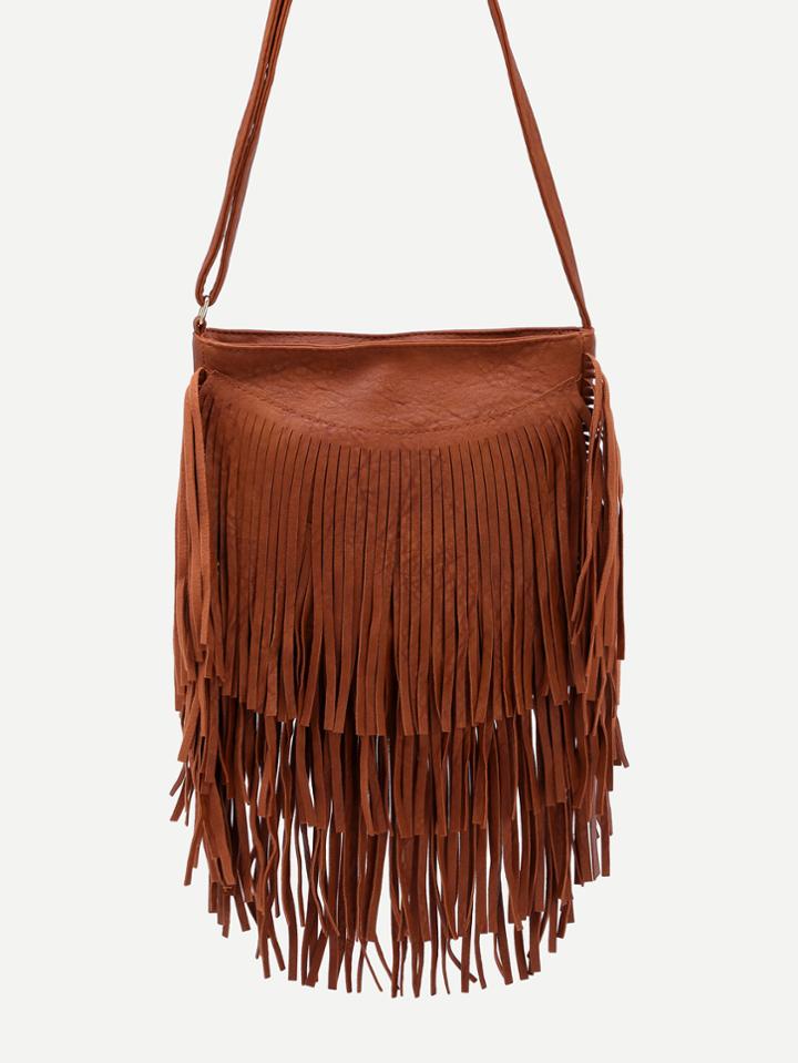 Shein Brown Faux Leather Fringe Zipper Shoulder Bag