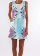 Rosewe Light Blue Printed Round Neck Shift Dress