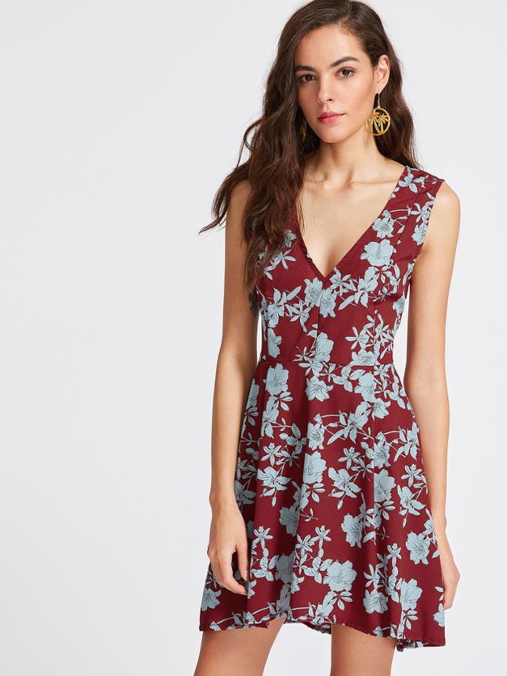 Shein Burgundy Floral Print V Neck Skater Dress
