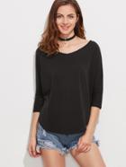 Shein Black Double V Neck Curved Hem High Low T-shirt