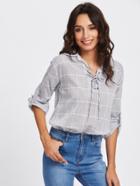 Shein Rolled Sleeve Checked Eyelet Lace Up Blouse