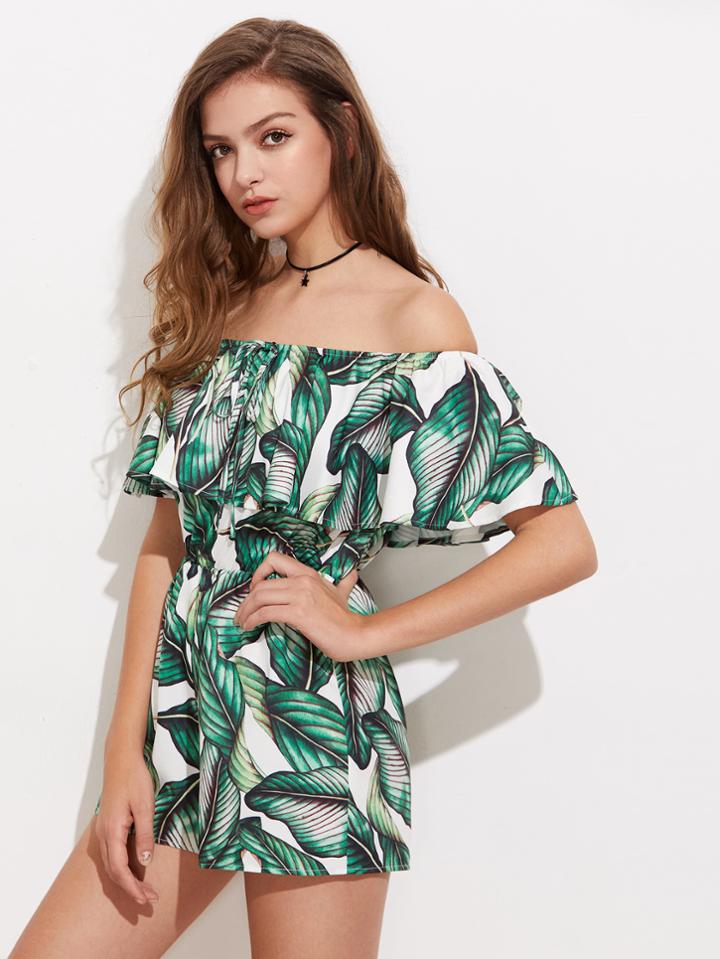 Shein Jungle Leaf Print Flounce Bardot Playsuit