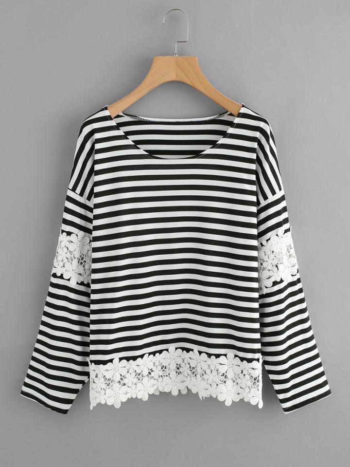 Shein Lace Crochet Contrast Stripe Tee