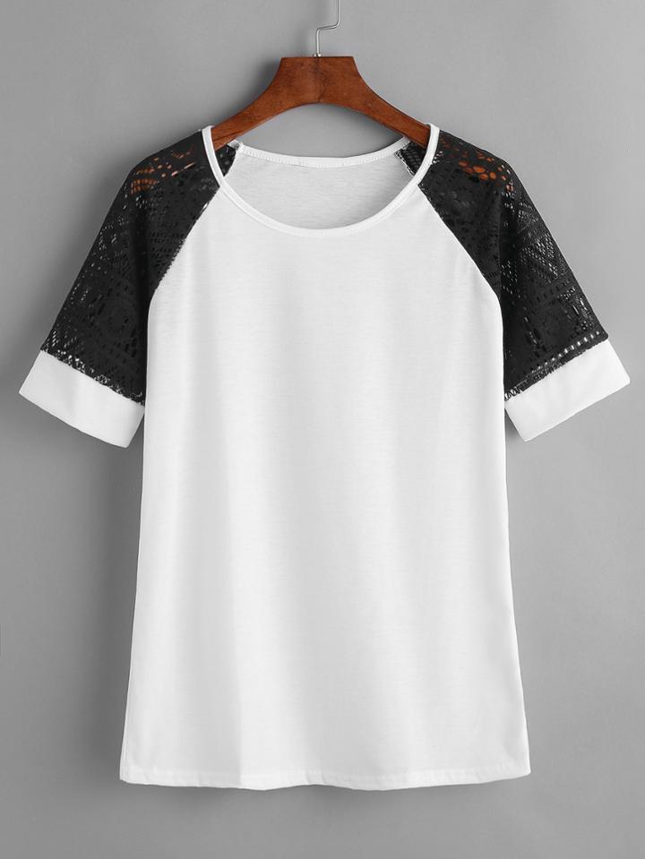 Shein White Contrast Lace Raglan Sleeve T-shirt