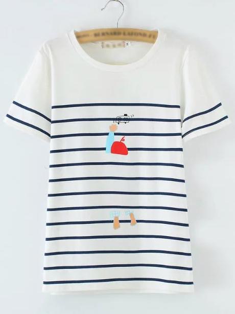 Shein White Stripe Printed Slim T-shirt