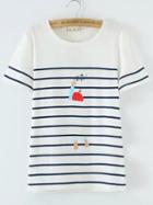 Shein White Stripe Printed Slim T-shirt