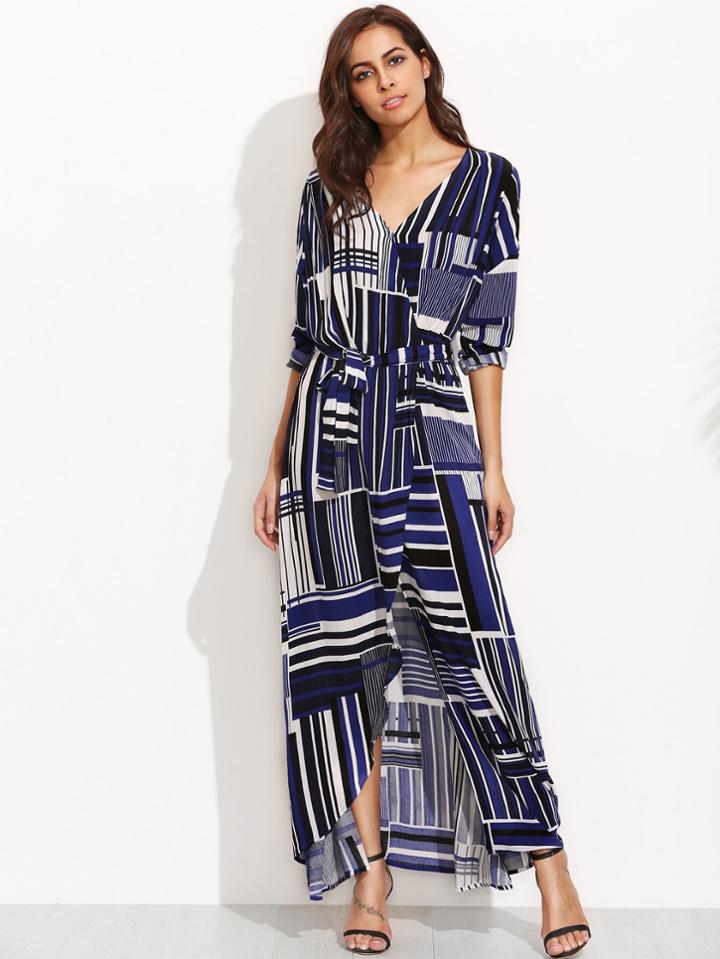 Shein Multicolor Print V Neck Tie Waist Maxi Dress
