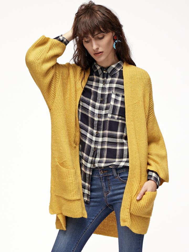 Shein Yellow Drop Shoulder Pocket Front High Low Cardigan