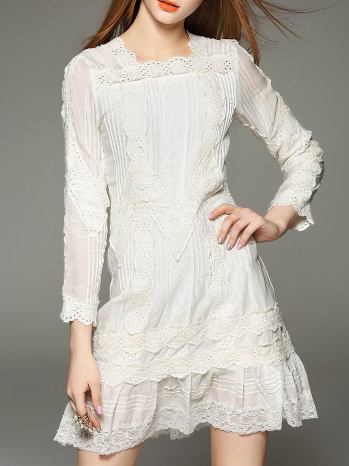 Shein White Boat Neck Crochet Frill Dress