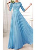 Rosewe Half Sleeve Lace Spliced Blue Chiffon Maxi Dress