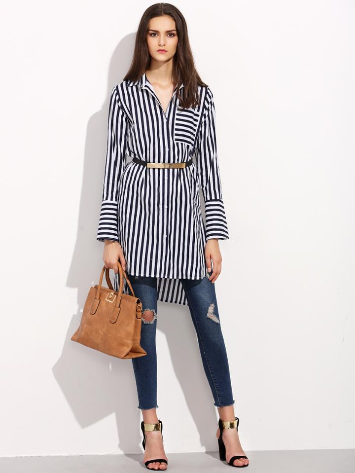 Shein Black And White Striped Split Side High Low Blouse