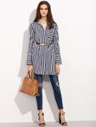 Shein Black And White Striped Split Side High Low Blouse