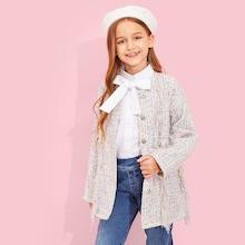 Shein Girls Button Up Raw Hem Tweed Jacket