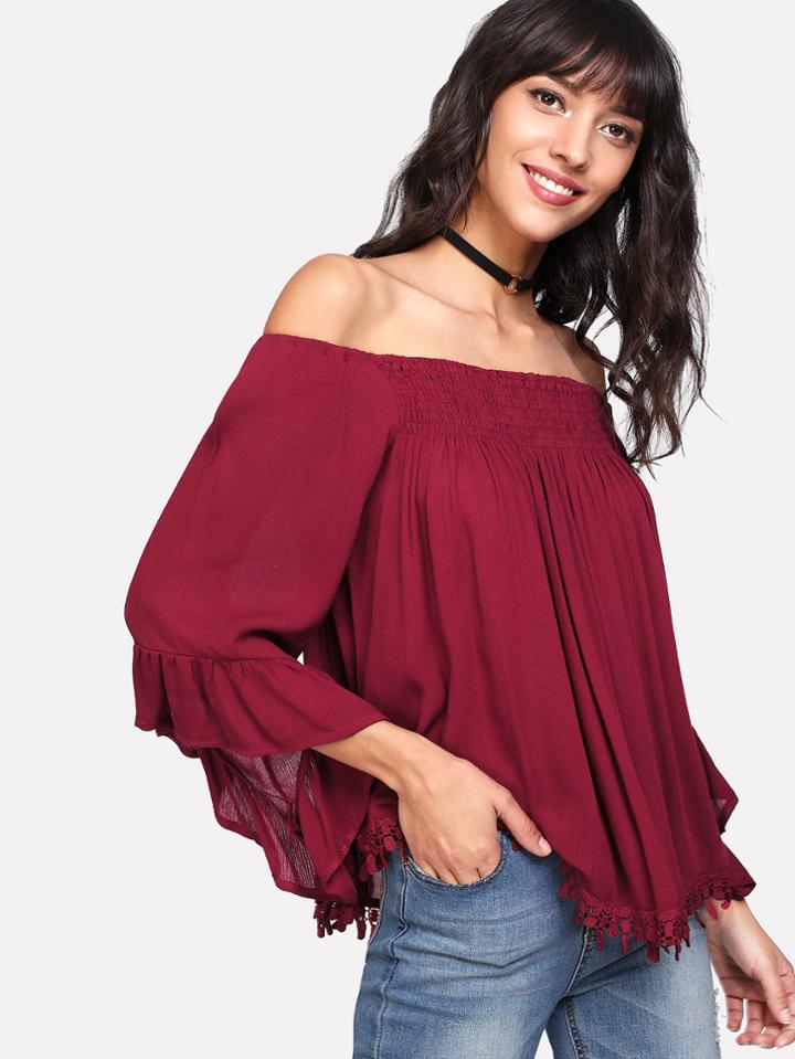Shein Off Shoulder Flounce Sleeve Lace Hem Top