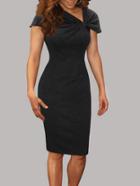 Shein Black Rouched Collar Cap Sleeve Pencil Dress