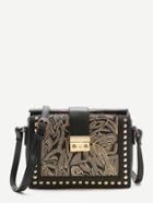 Shein Black Embroidery Studded Trim Pu Shoulder Bag