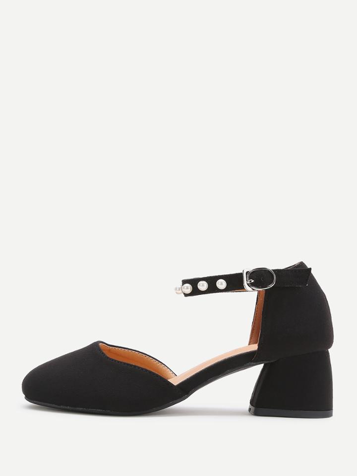 Shein Black Faux Pearl Ankle Strap Chunky Heeled Shoes