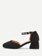Shein Black Faux Pearl Ankle Strap Chunky Heeled Shoes