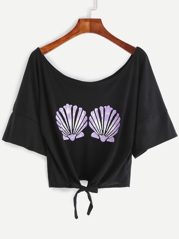 Shein Black Seashell Print Tie Front Crop T-shirt