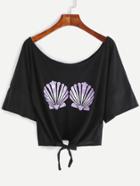Shein Black Seashell Print Tie Front Crop T-shirt